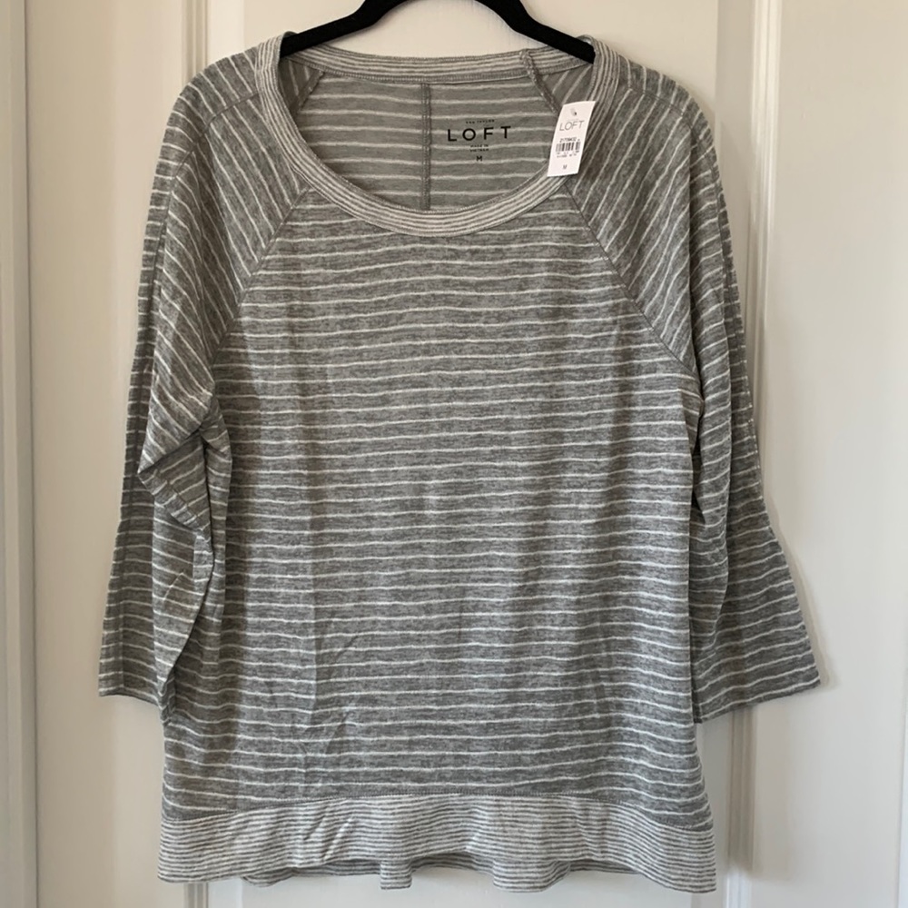 NWT LOFT Gray And White Stripe Crewneck Top